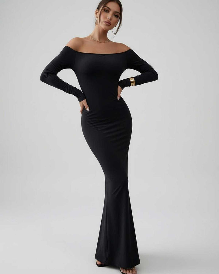 Elegante vestido maxi negro off-shoulder para mujer, con manga larga. Ideal para fiestas, cenas y eventos formales.
