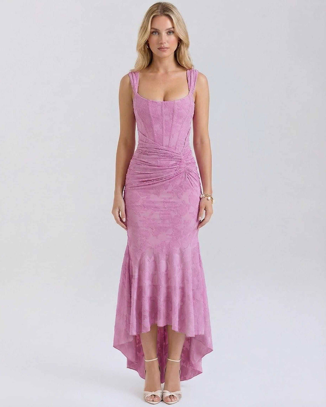 Vestido maxi elegante blanco para mujer, cuello cuadrado, dobladillo cola de pez, sin mangas, estampado floral.