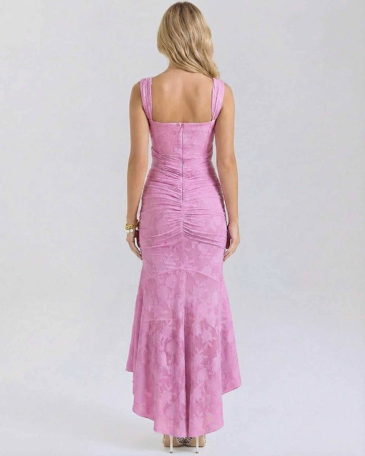 Vestido de noche elegante para mujer, cuello cuadrado, cola de pez y estampado floral blanco, ideal para fiestas.