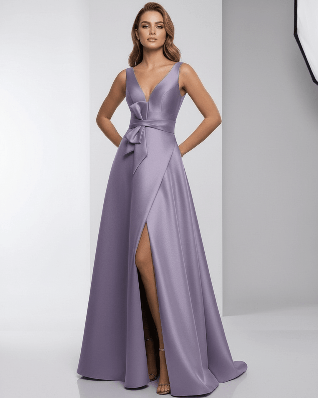 Elegante vestido de noche blanco fluido, corte A-line, sin mangas. Ideal para invitada de boda o evento.
