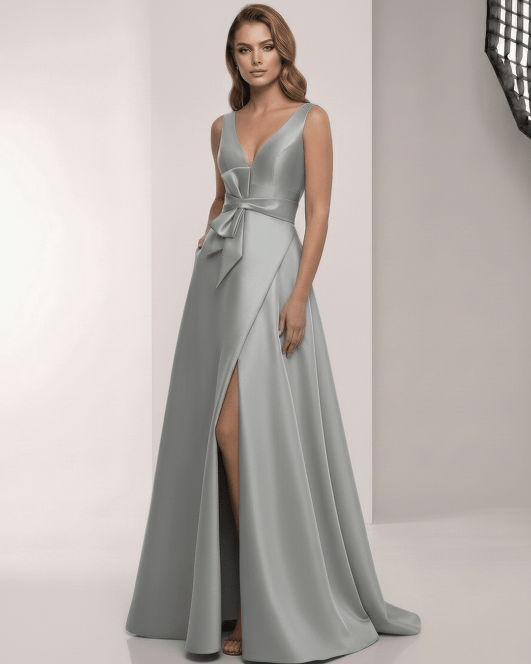 Vestido largo sin mangas para mujer, tono verde salvia. Diseño elegante y formal con escote V, ideal para eventos.