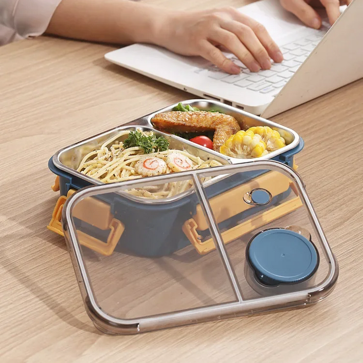 Fiambrera de acero inoxidable duradera con compartimentos, gran capacidad para comida escolar y oficina.
