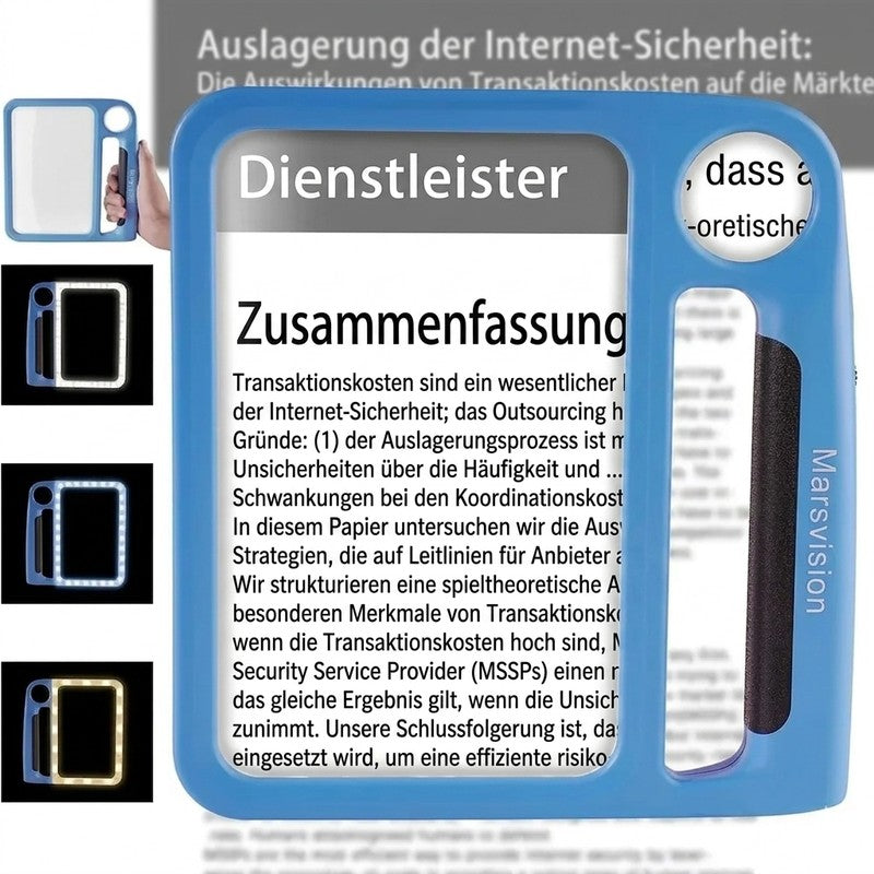 Lupa de lectura LED naranja/azul, con aumento manos libres, perfecta para estudio u oficina.