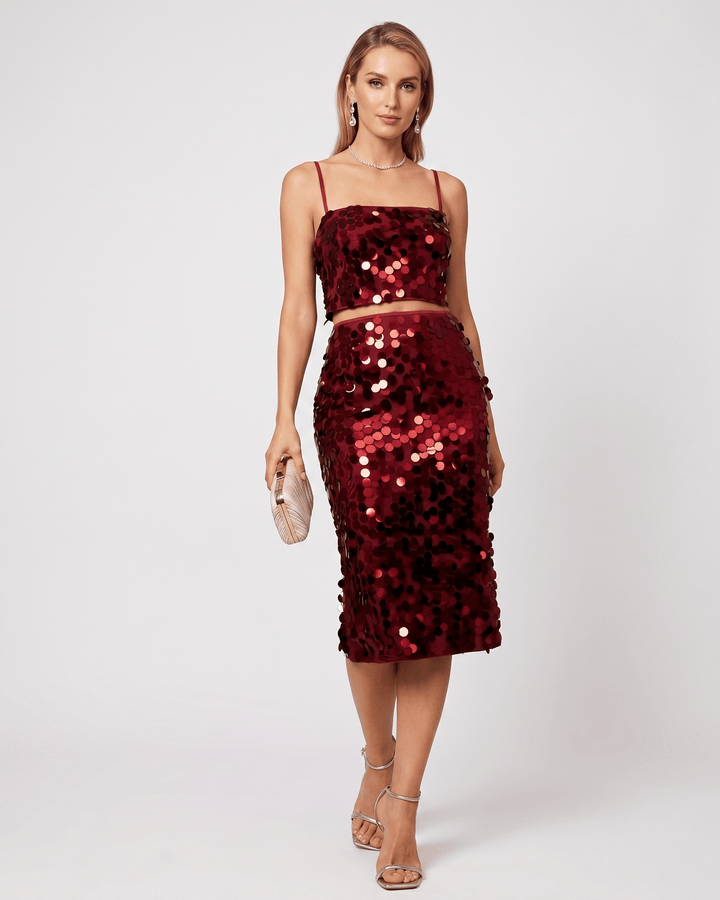 Conjunto de fiesta con lentejuelas para mujer, estilo sofisticado y moderno.