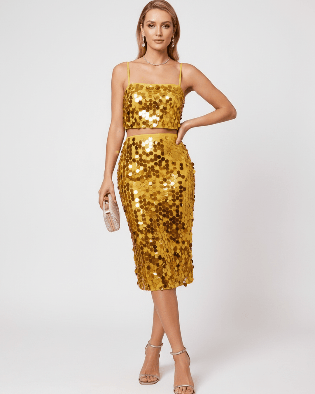 Conjunto dos piezas brillante con lentejuelas para mujer, moda festiva.