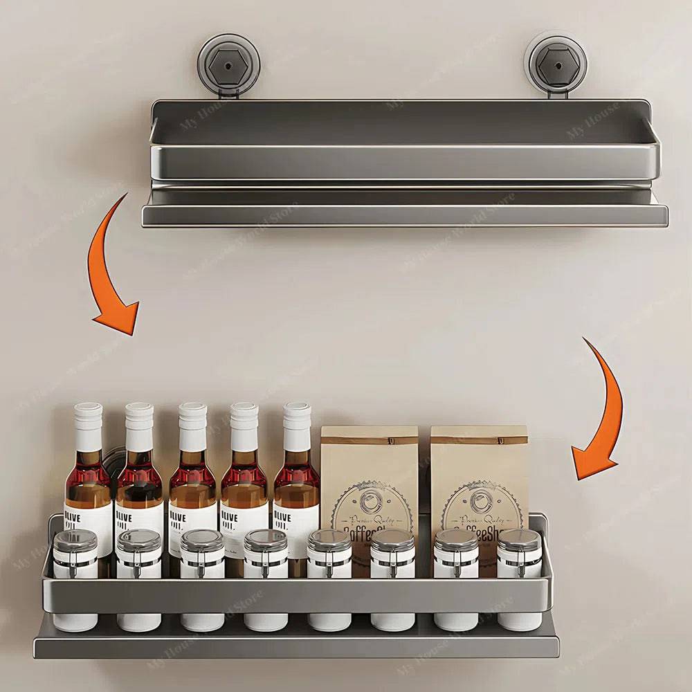 Moderno organizador de especias para cocina con fijación de ventosa, optimiza el espacio del hogar.