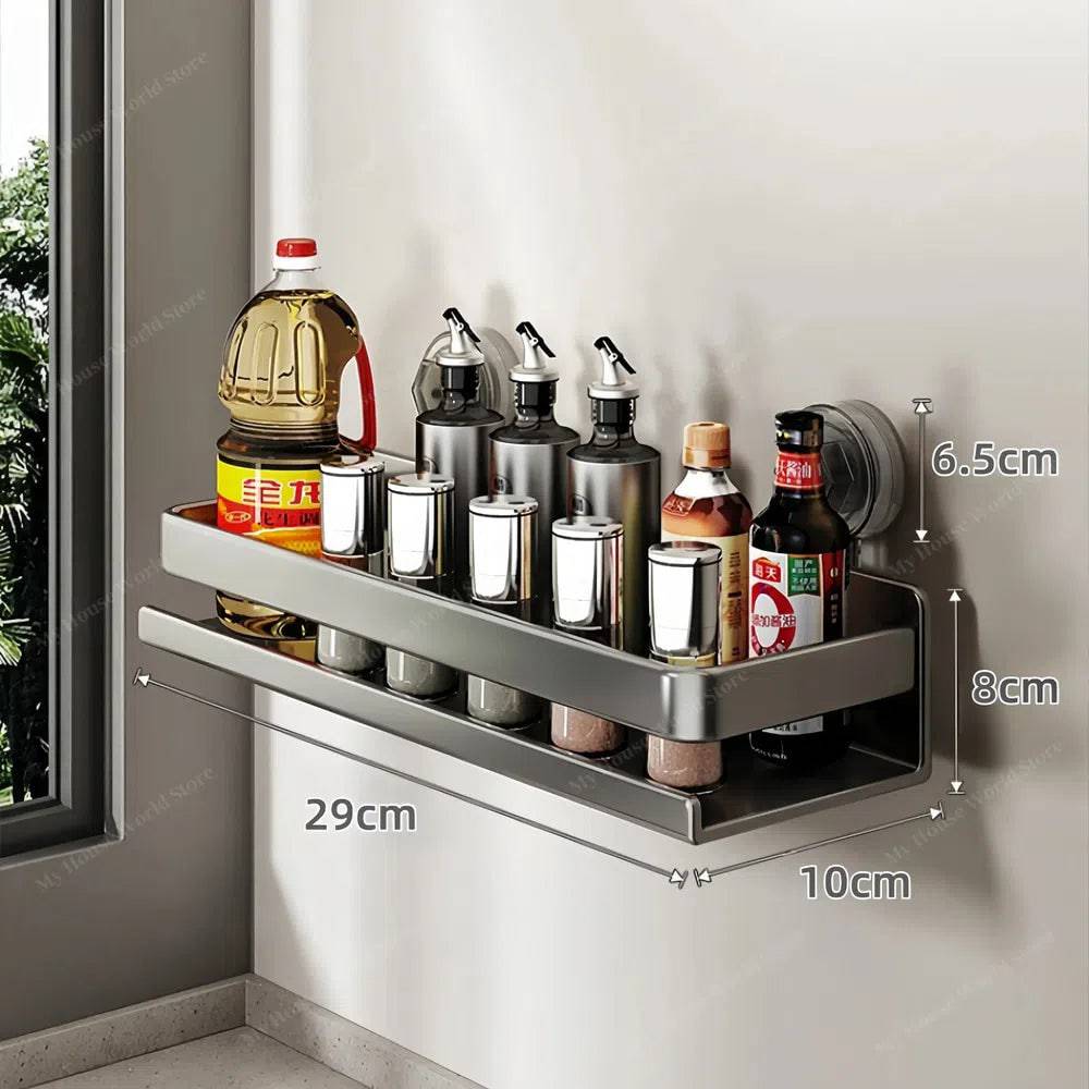 Ahorra espacio con este organizador de especias de acero inoxidable para cocina, fijación de ventosas en pared.