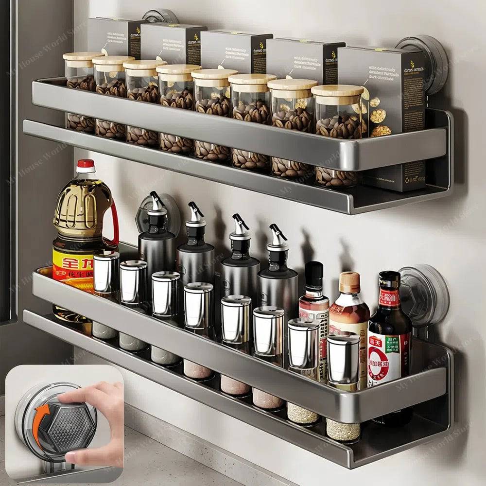 Organizador de especias de cocina montado en pared con ventosas, acero inoxidable.