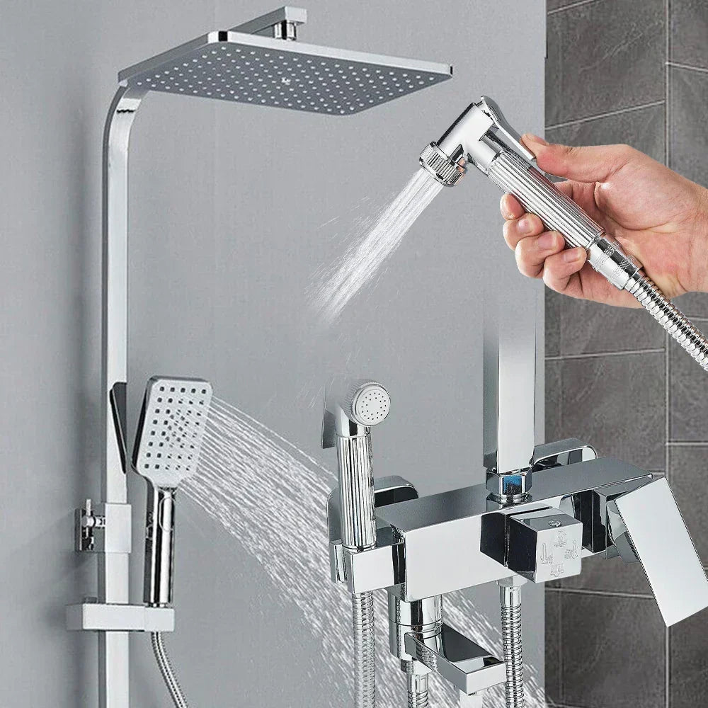 Juego de ducha de lluvia moderno con mezclador de latón. Accesorios de baño y grifo cromado de lujo para el hogar.