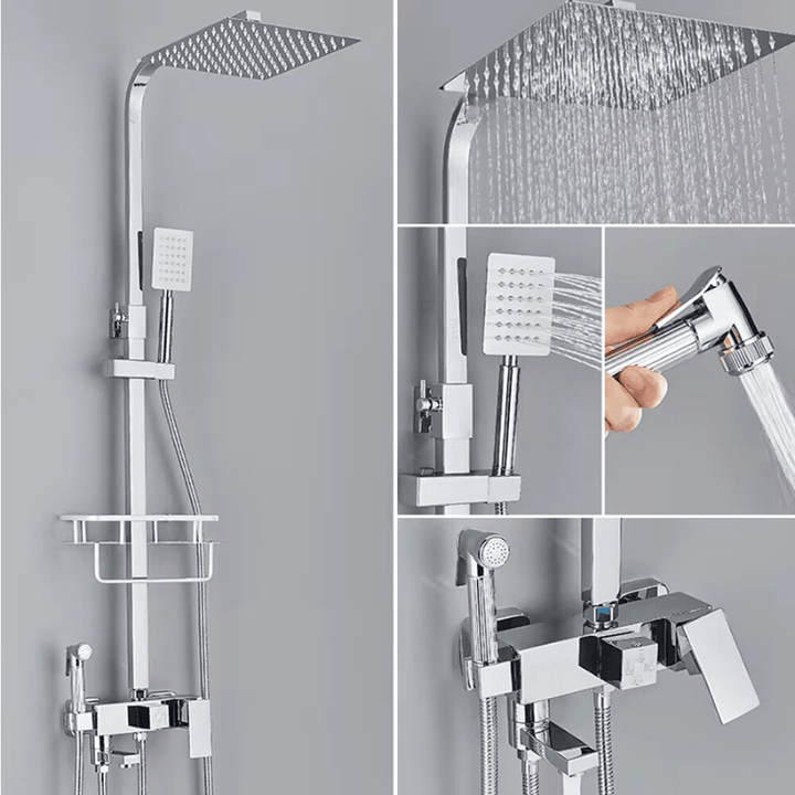 Ducha de lluvia cuadrada con mezclador de grifo de latón. Diseño moderno y lujoso para el baño y el hogar.