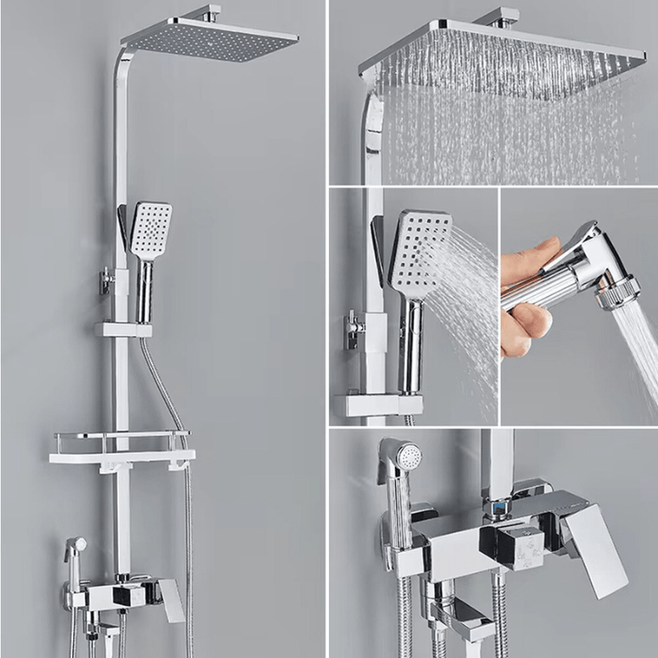Juego de ducha de lluvia de lujo con mezclador de latón. Grifo moderno para baño, acabados de cromo y negro.