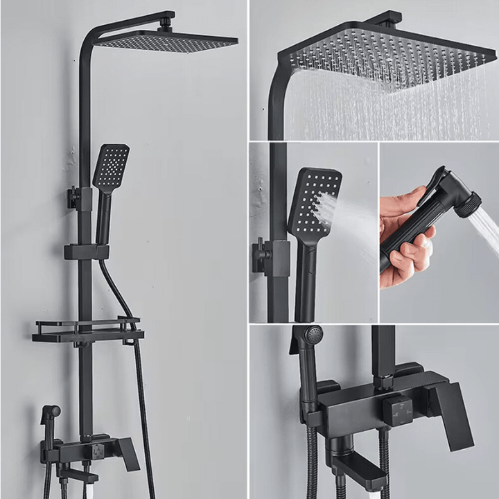 Accesorios de baño modernos: juego de ducha de lluvia con mezclador de latón. Grifo de diseño, decoración de hogar.