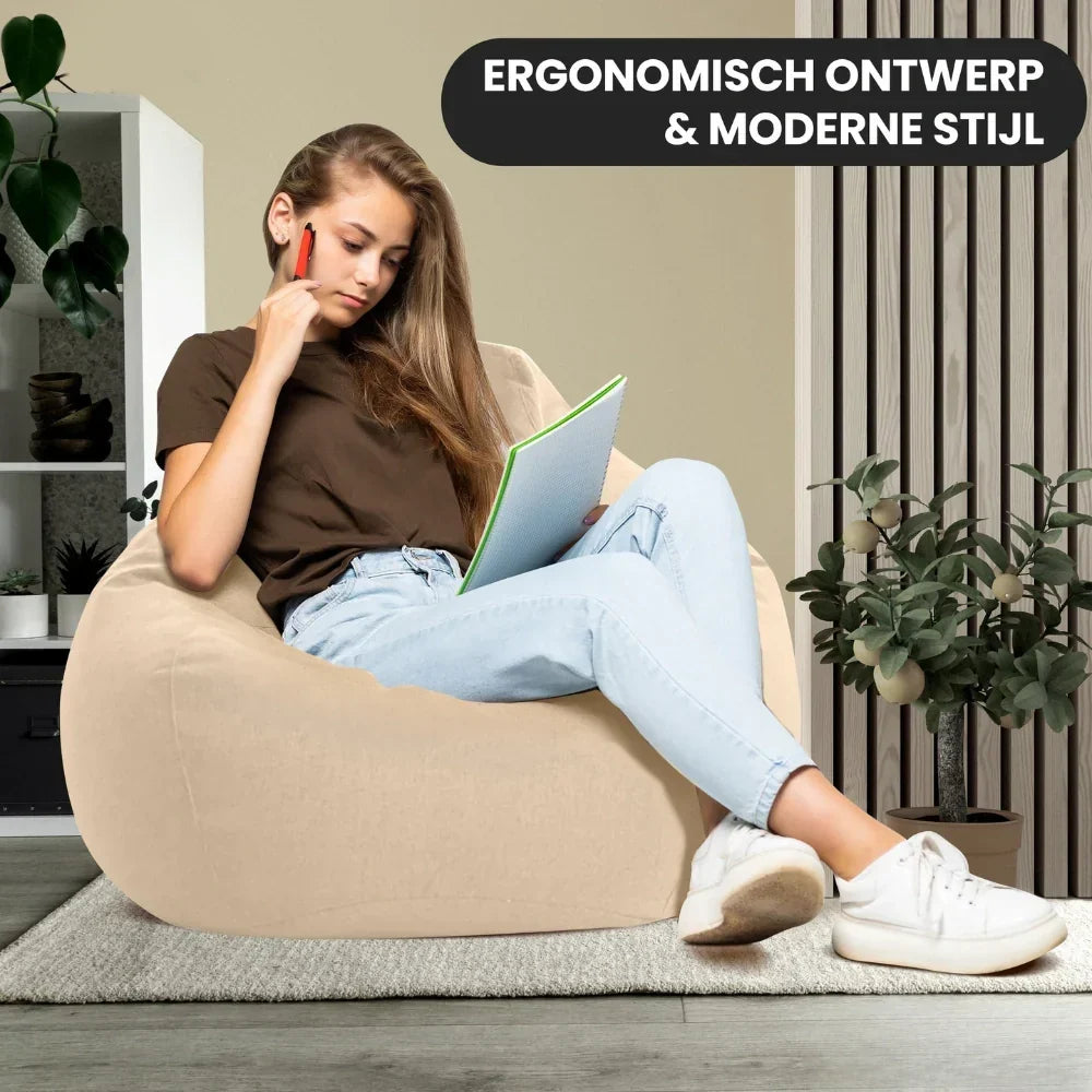 Sillón puff de lujo para relax, confeccionado con tela de lino y disponible en varios colores.