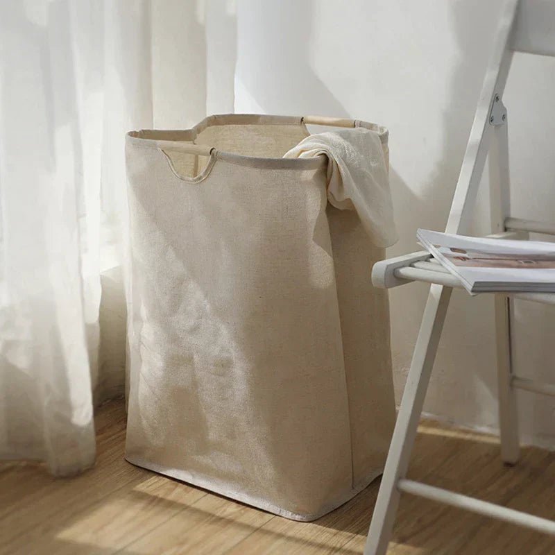 Contenedor de ropa sucia plegable de algodón-lino. Organizador moderno para la lavandería y dormitorio.