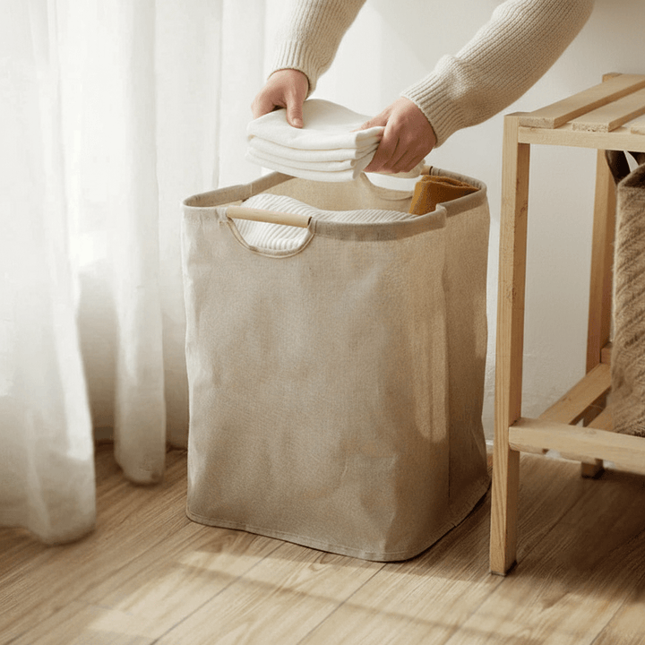 Cesto de ropa plegable de algodón-lino para lavandería. Organizador elegante para ropa sucia y almacenamiento.