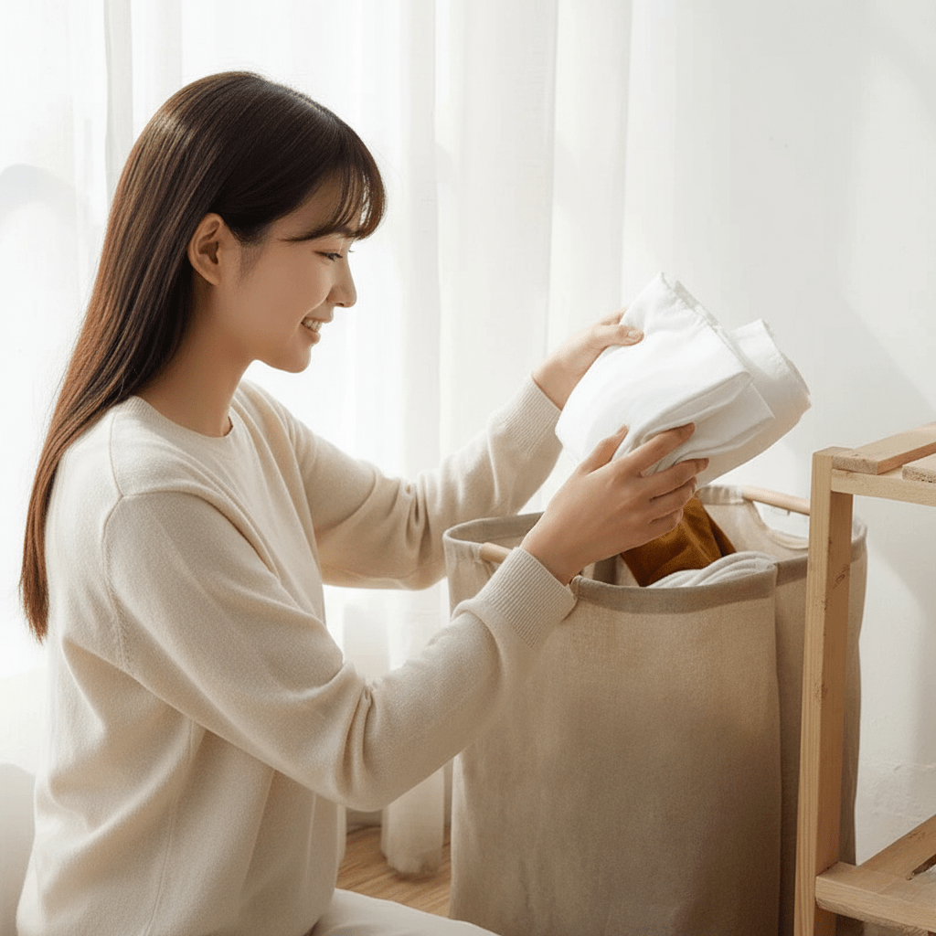 Cesto de ropa plegable y ligero de algodón-lino. Solución práctica para almacenamiento en lavandería.