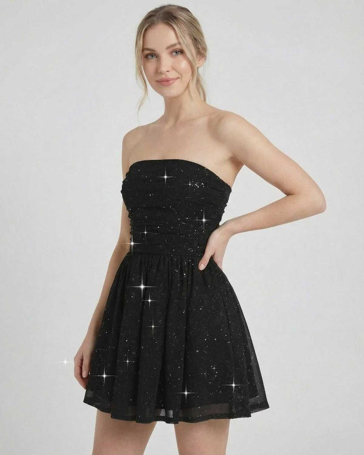 Vestido de verano formal A-line para mujer, mini y sin tirantes, perfecto para noches elegantes.