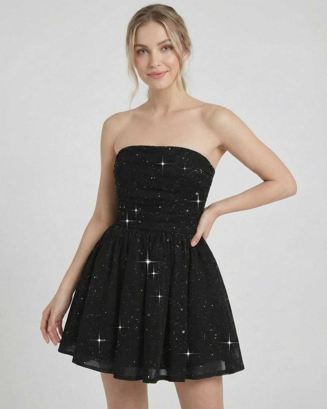 Vestido formal mini sin tirantes para mujer, estilo Lyra, ideal para eventos de noche elegantes.