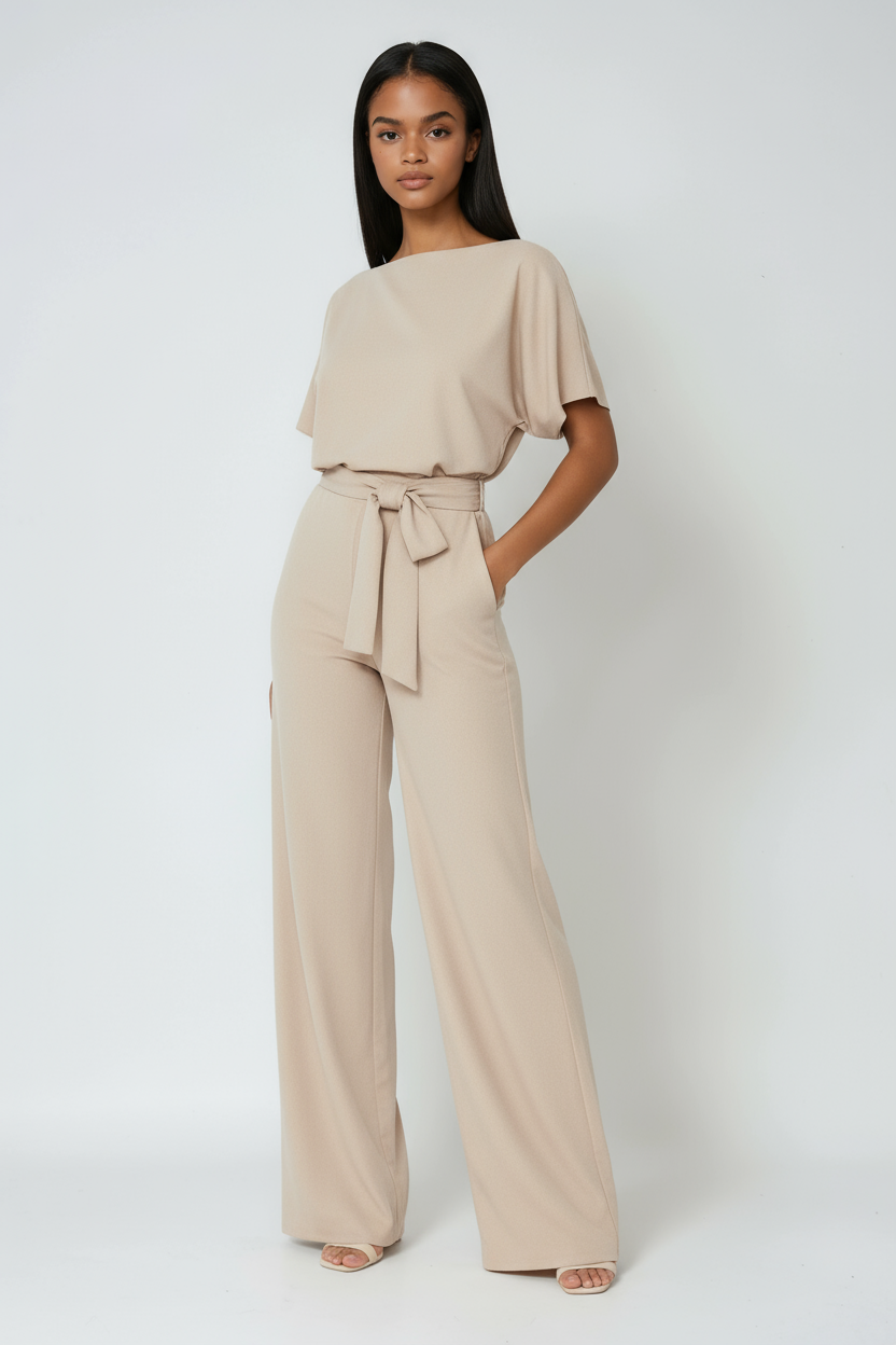 Jumpsuit de mujer con diseño de pernera ancha y cinturón tipo lazo, perfecto para outfits de fiesta.