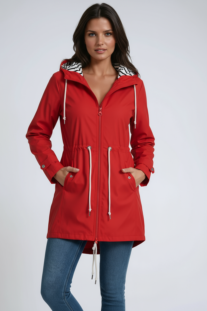 Parka impermeable de mujer para lluvia y viento. Abrigo casual con capucha, ideal para entretiempo y uso diario.