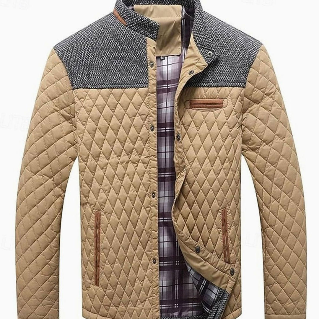 Chaqueta acolchada para hombre con cuello mao y botones, ideal para otoño e invierno.