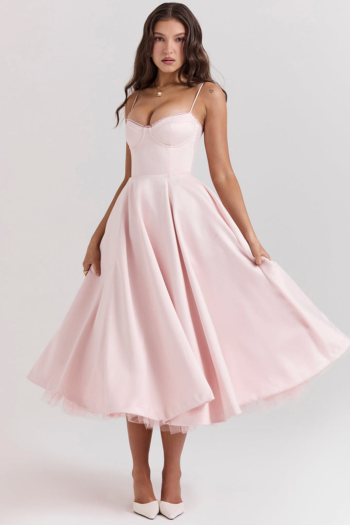 Vestido midi elegante mujer, estilo cocktail, disponible en negro y rosa. Ideal para fiestas y eventos de primavera.