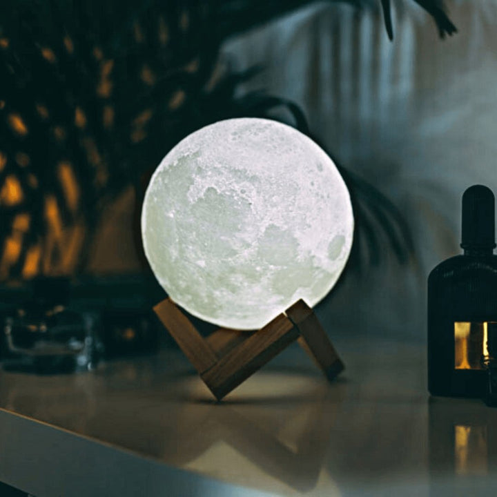 Lámpara de luna mágica inalámbrica con base de madera, diseño 3D. Iluminación ambiental para el hogar.