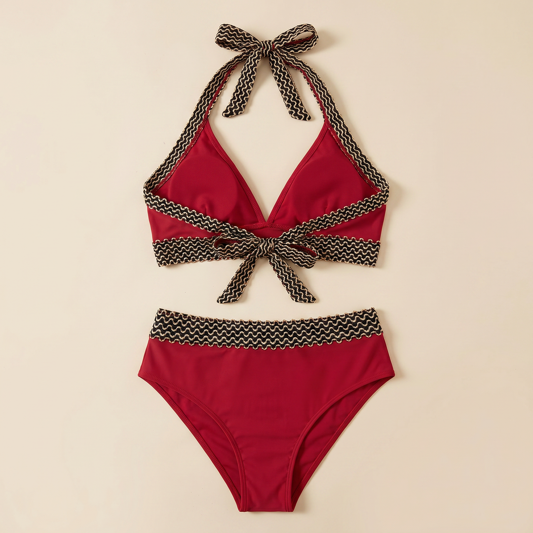 Bikini de mujer de talle alto cómodo y top triangular, ideal para la piscina o playa.
