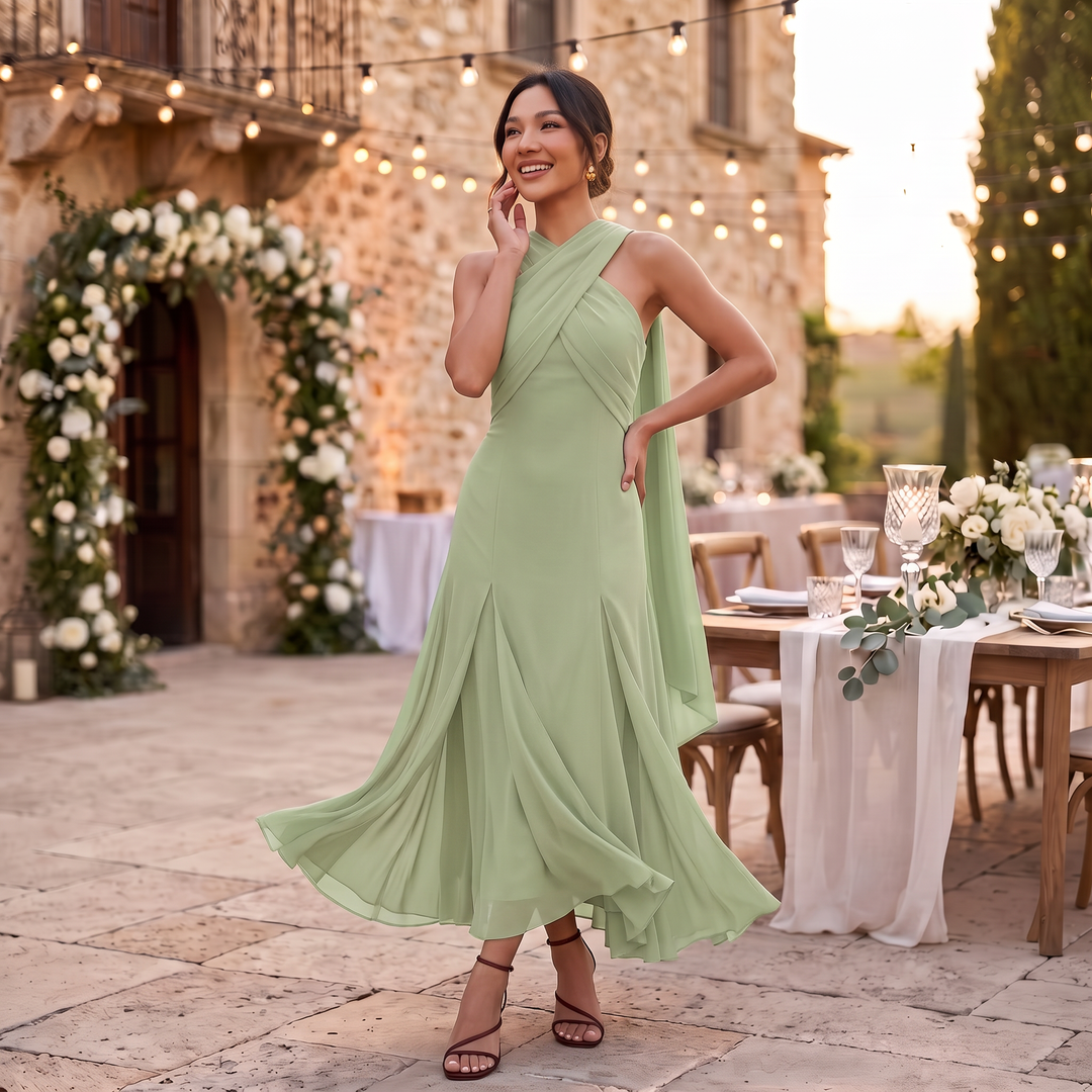Vestido de fiesta largo para mujer, gasa elegante y diseño moderno para invitada de boda.