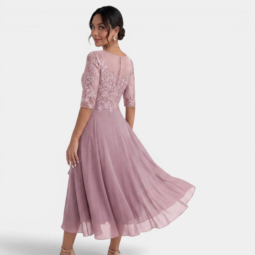 Vestido de fiesta rosa de chiffon y encaje para mujer, perfecto para bodas y celebraciones.