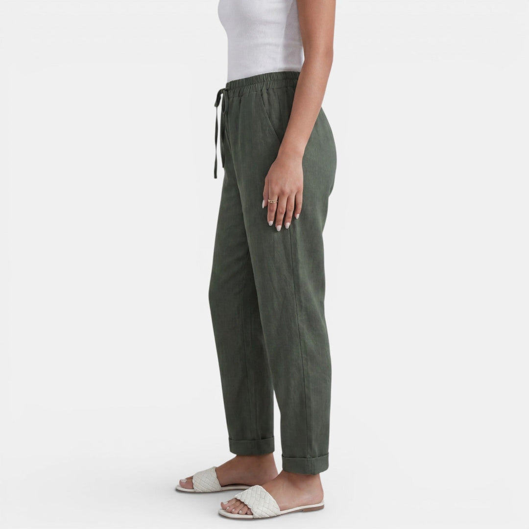 Elegante pantalón de lino para mujer, cintura alta, estilo versátil casual chic de verano.