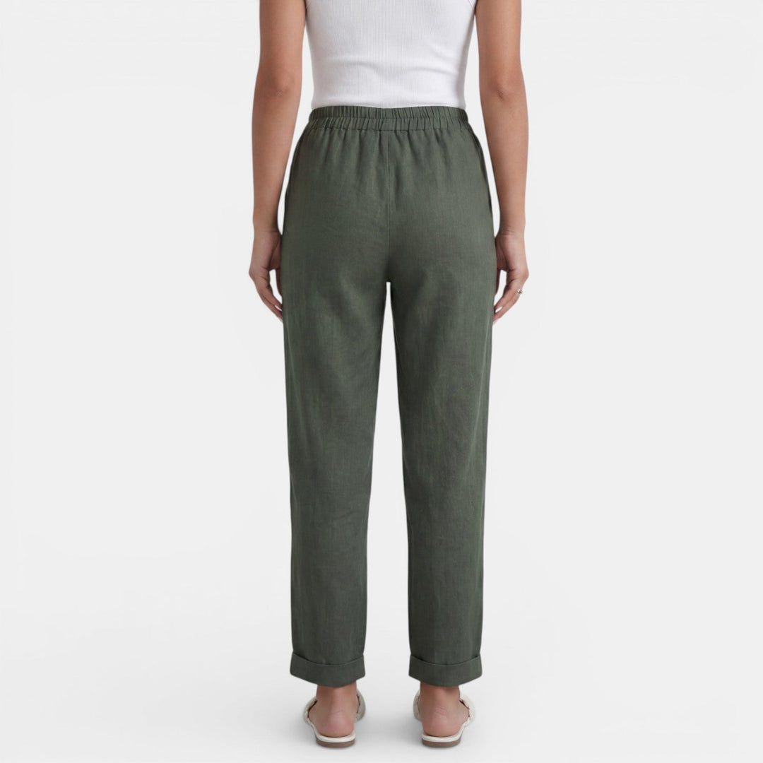 Pantalón de lino natural mujer, fresco y cómodo, cintura alta, perfecto para días cálidos de verano.