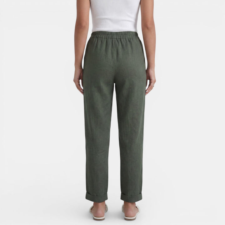 Pantalón de lino natural mujer, fresco y cómodo, cintura alta, perfecto para días cálidos de verano.