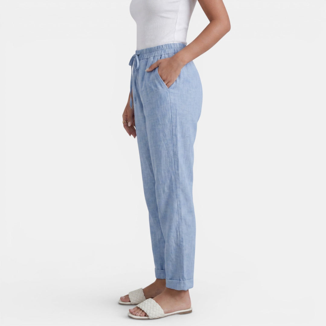 Pantalón lino mujer, cintura alta, ligero y versátil, perfecto para la temporada de verano.