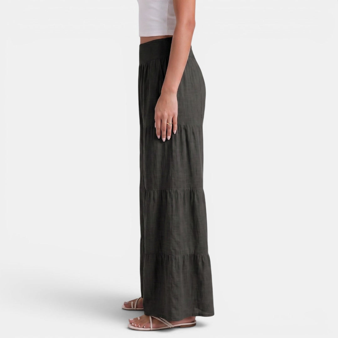 Pantalón ancho de lino azul marino para mujer, estilo moderno y fresco para el verano.