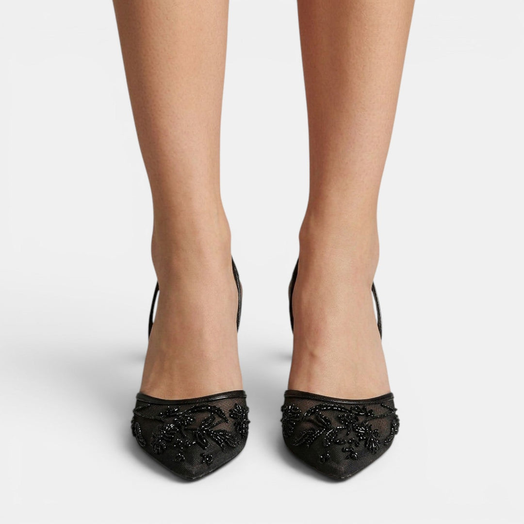 Elegantes sandalias de tacón para mujer, moda femenina con malla bordada, perfectas para noche y fiesta.