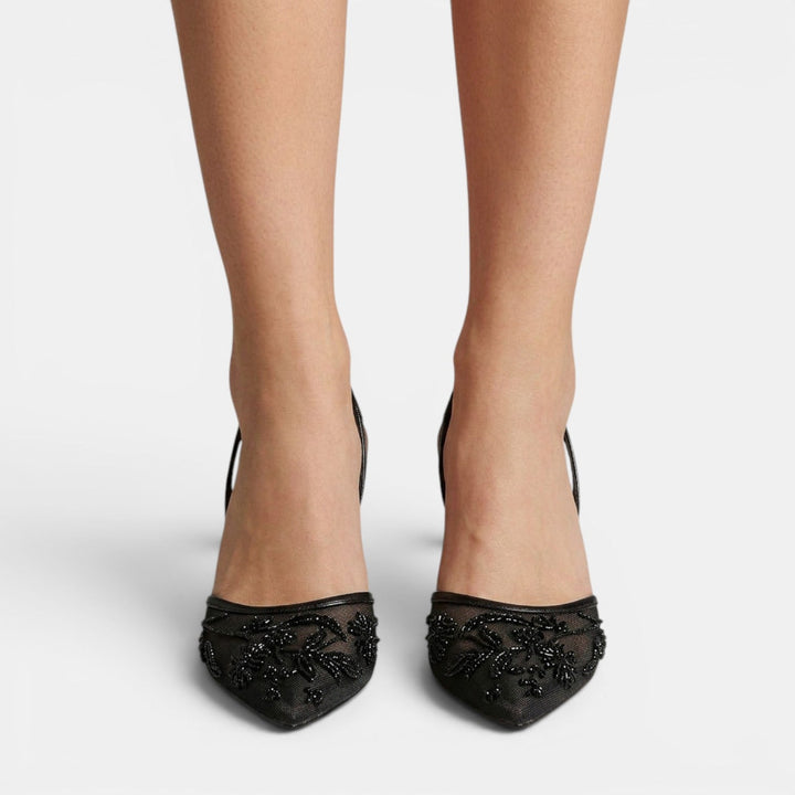 Elegantes sandalias de tacón para mujer, moda femenina con malla bordada, perfectas para noche y fiesta.
