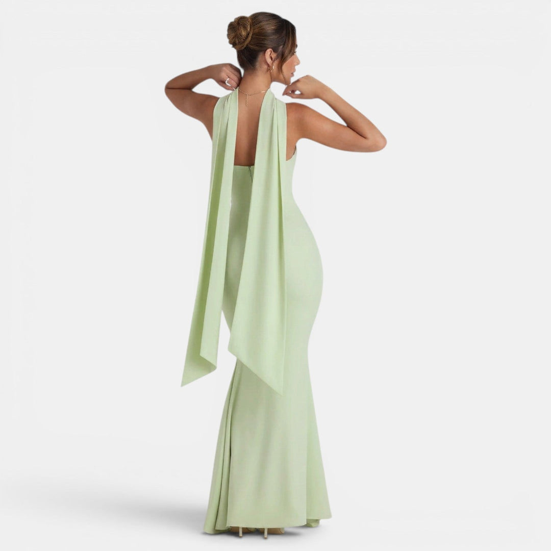 Vestido de fiesta halter para mujer, corte sirena y largo, ideal para lucir elegante en cualquier evento.