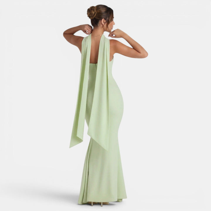 Vestido de fiesta halter para mujer, corte sirena y largo, ideal para lucir elegante en cualquier evento.