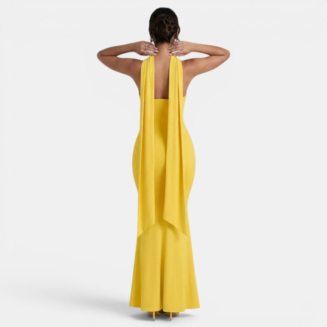 Vestido largo halter para mujer, muy elegante y con corte sirena, ideal para fiestas de boda y galas.