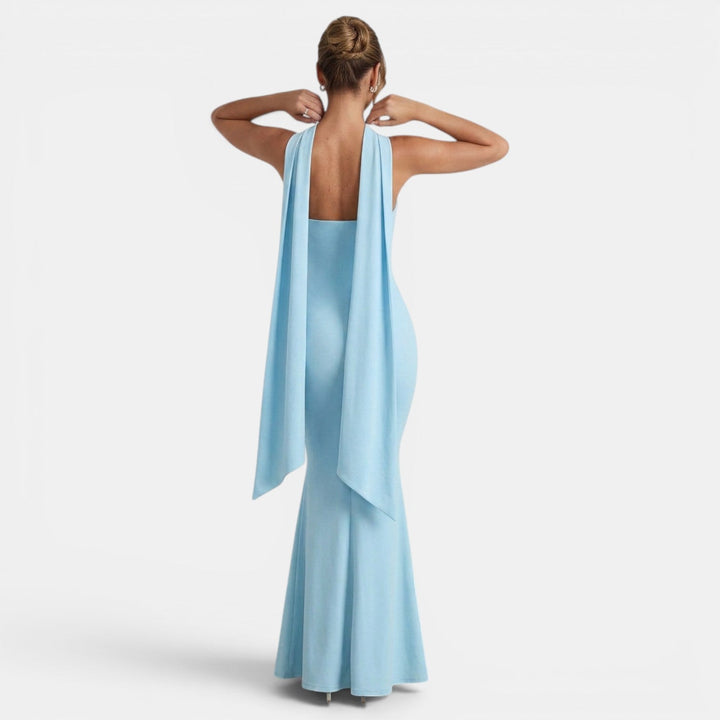 Vestido de fiesta largo para mujer, con cuello halter, ideal para bodas y ocasiones especiales.