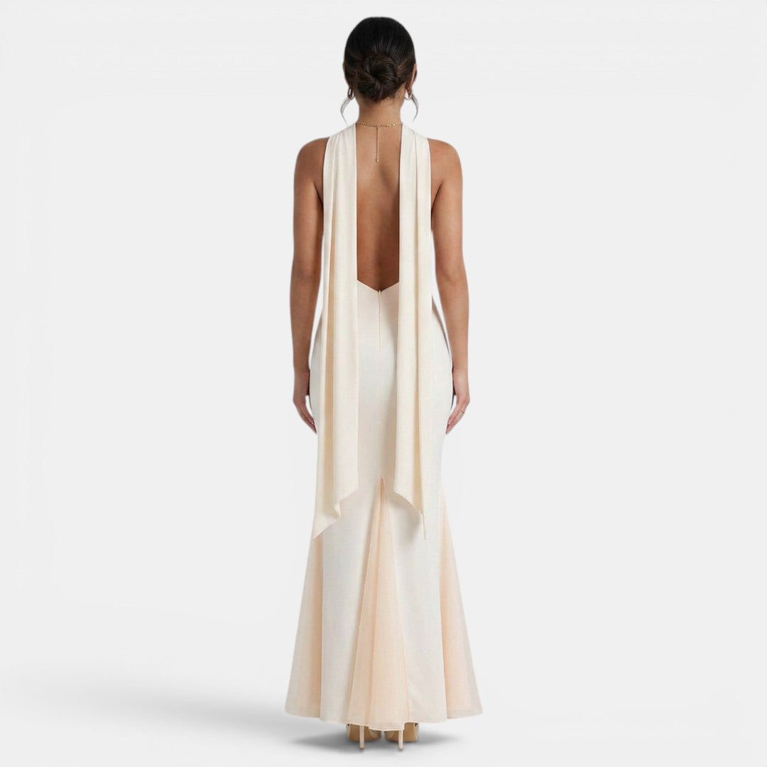Vestido de gala halter para mujer, diseño largo y corte sirena, ideal para bodas y eventos formales.