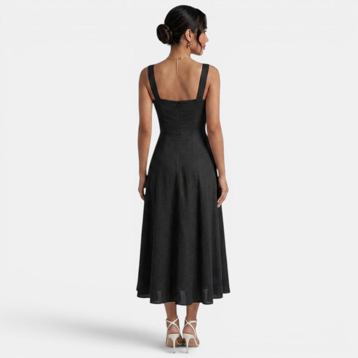 Vestido midi negro elegante y casual para mujer, cómodo y moderno para el verano.