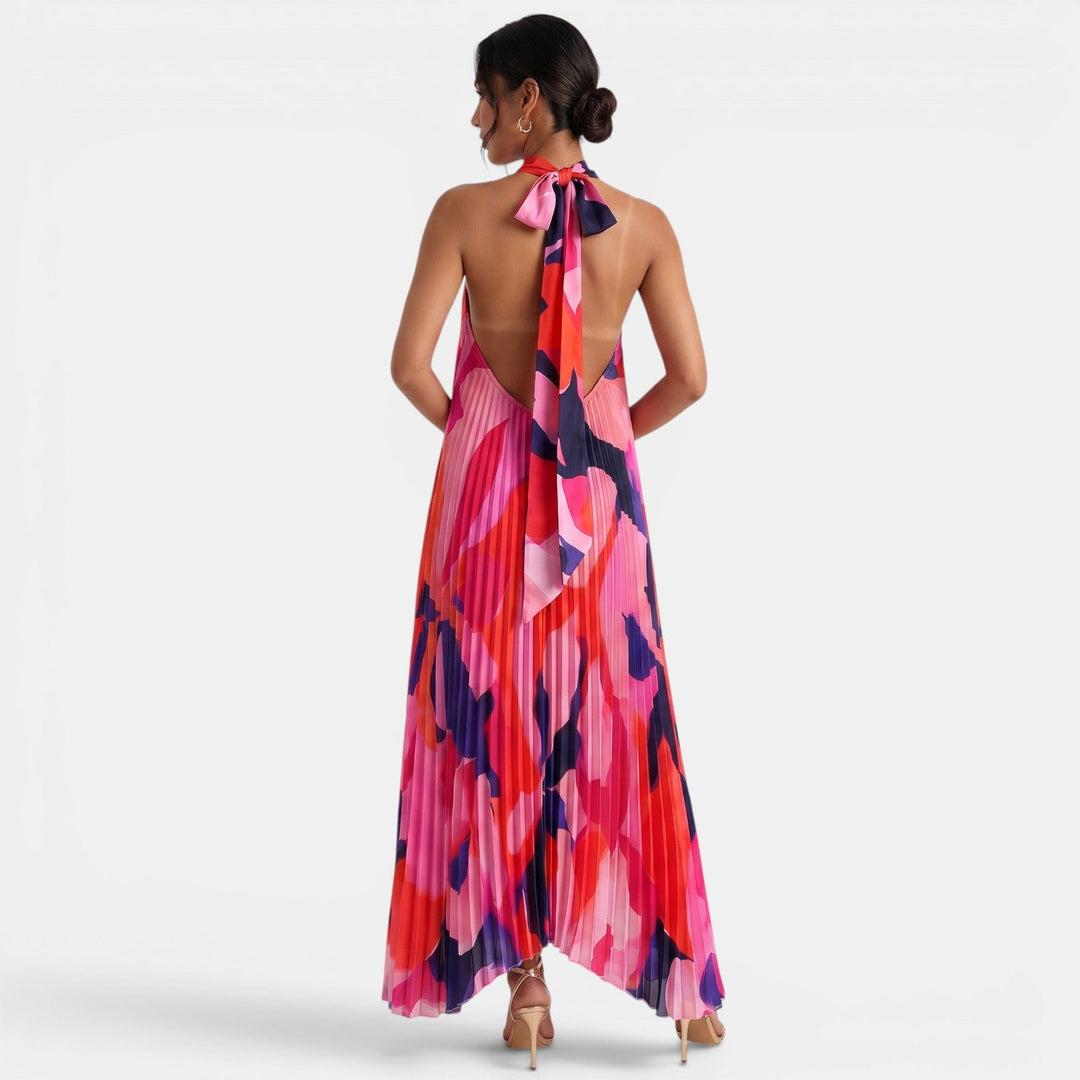 Elegante vestido halter floral largo para mujer, perfecto para eventos de verano, fiesta o playa casual.