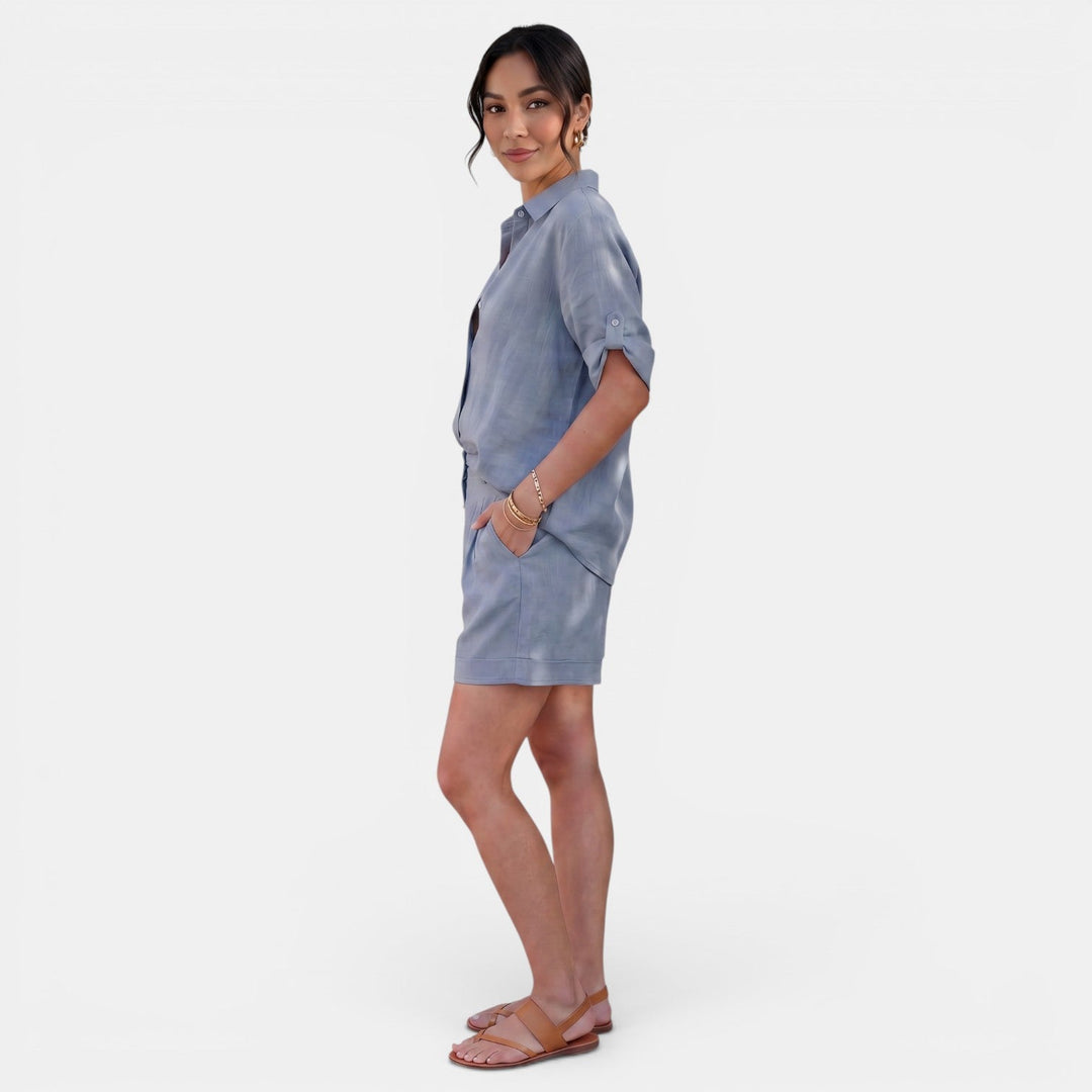 Moda mujer: camisa de lino y algodón, conjunto transpirable de manga media, estilo elegante.