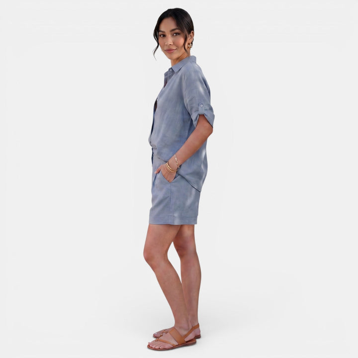 Moda mujer: camisa de lino y algodón, conjunto transpirable de manga media, estilo elegante.