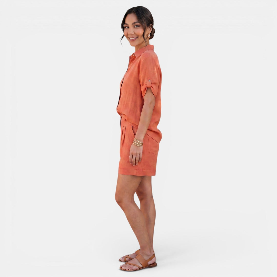 Elegante conjunto de lino y algodón para mujer, camisa de manga media, perfecto para el verano.