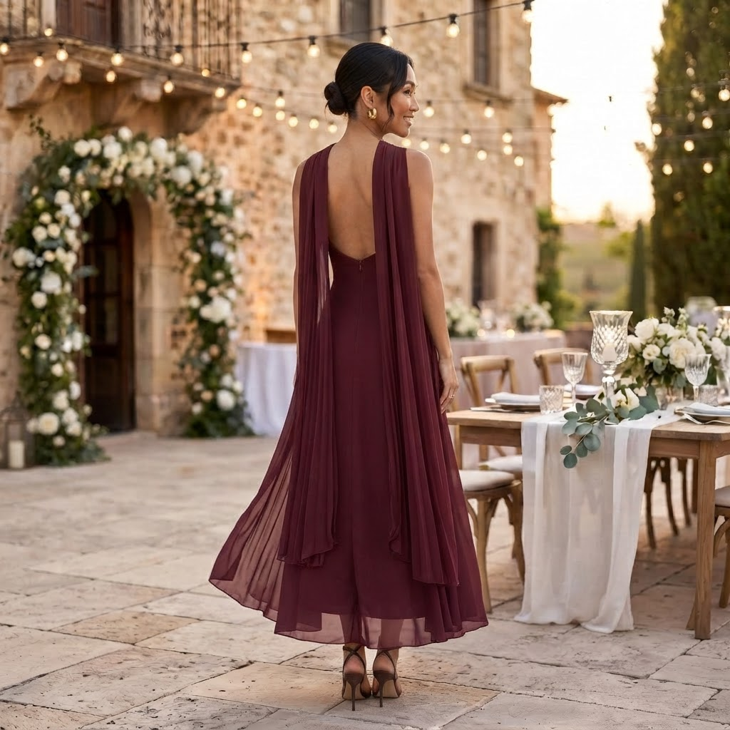 Vestido largo de mujer para boda, diseño elegante y sofisticado perfecto para invitada de gala.