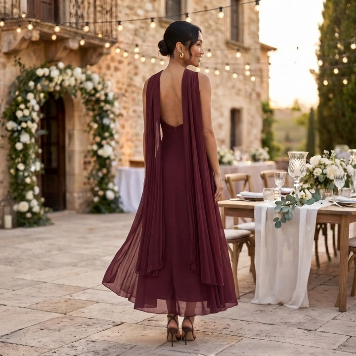 Vestido largo de mujer para boda, diseño elegante y sofisticado perfecto para invitada de gala.
