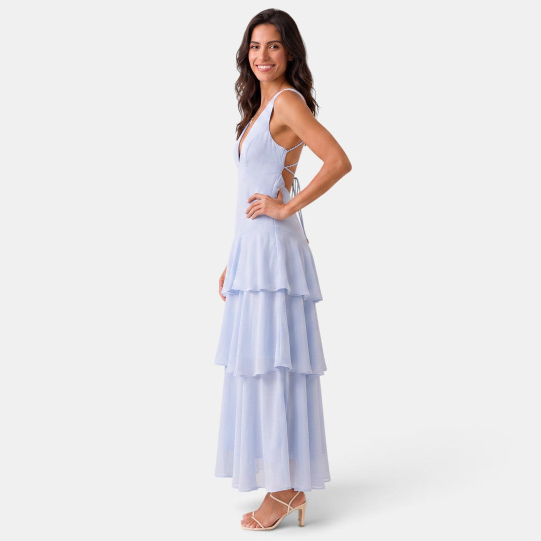 Vestido de fiesta largo y elegante para mujer, con detalle de volantes.